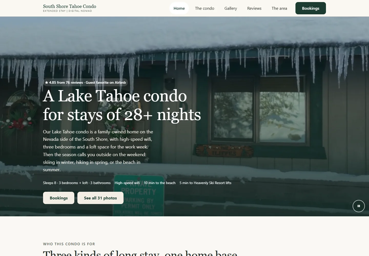 South Shore Tahoe Condo website on a desktop screen