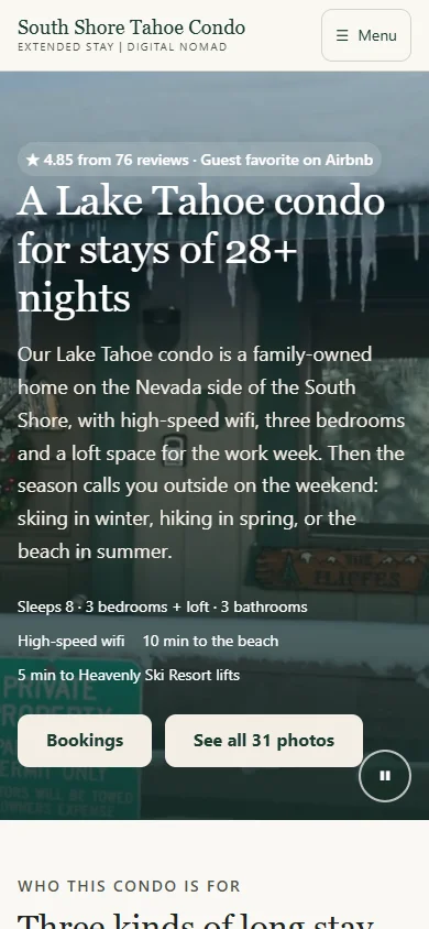 South Shore Tahoe Condo website on a mobile screen