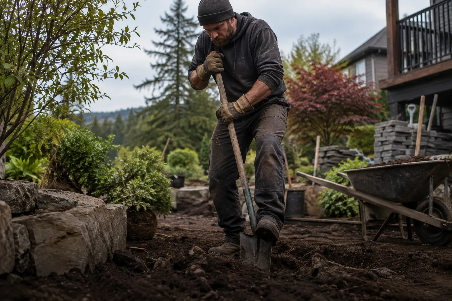 Illustrative scene of a landscaper digging into the soil