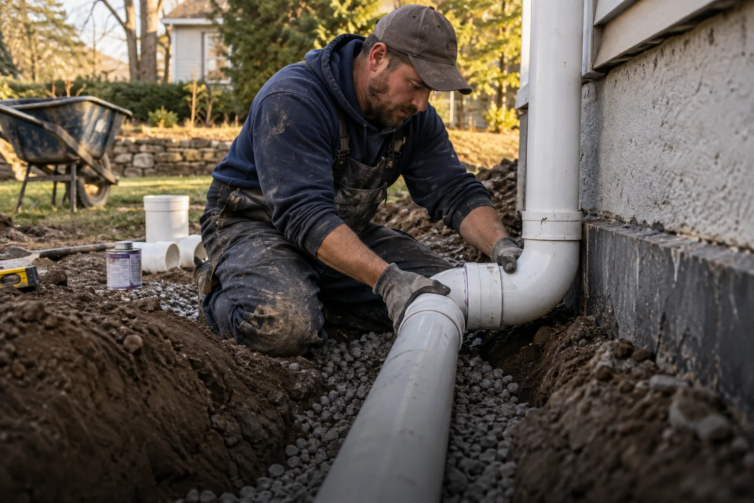 Illustrative scene of a plumber fitting drainage pipes
