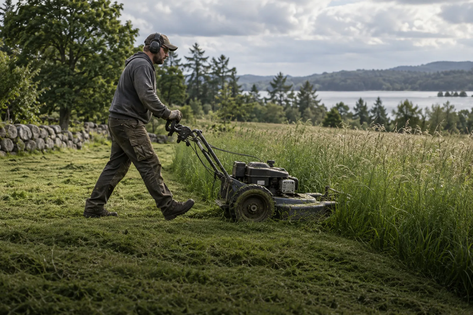 Illustrative scene of a groundskeeper mowing a lawn